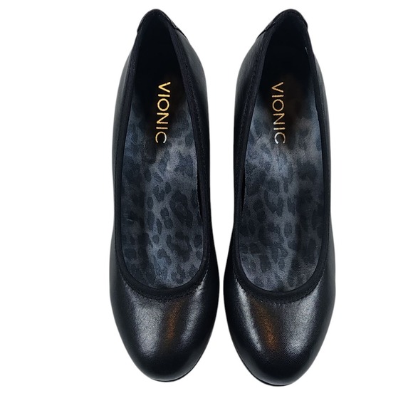 Vionic Mabrey Round Toe Block Heel Pumps Comfortable Leather Shoes Black 7 New - Picture 1 of 6